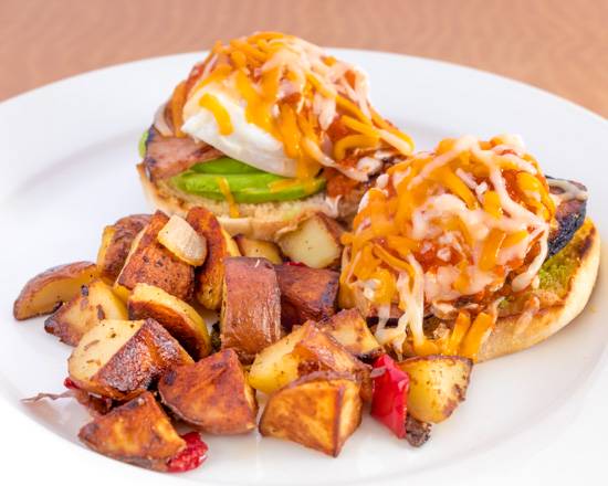 City Rancheros English Muffins with side of house potatoes