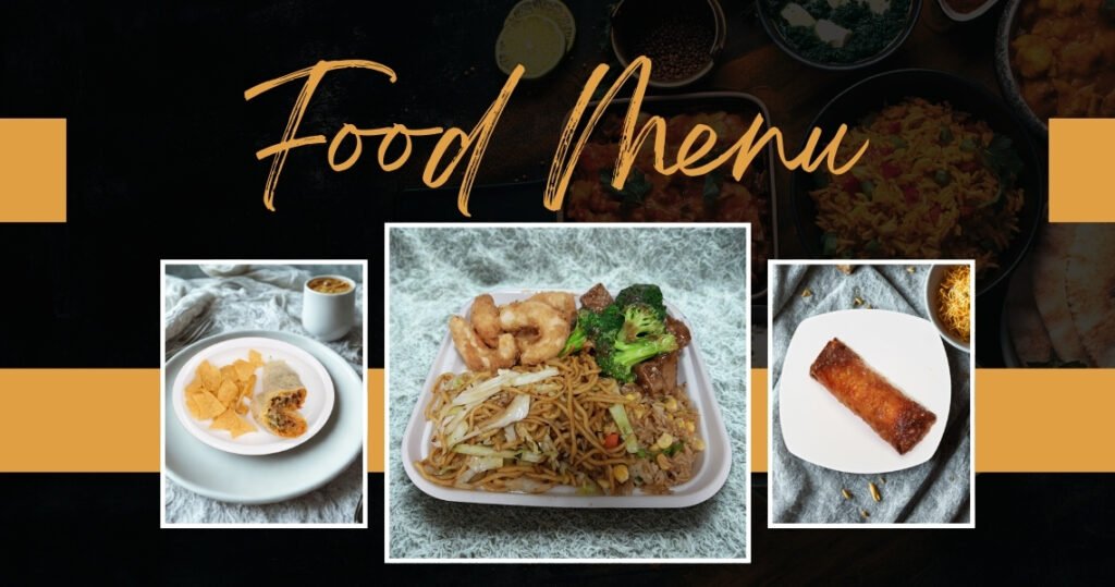Vegan Chinese food menu featuring plant-based dishes, including stir-fried noodles with vegetables, crispy spring rolls, and a side of nachos, showcasing Sunny Express Gourmet's vibrant offerings in Compton, California.