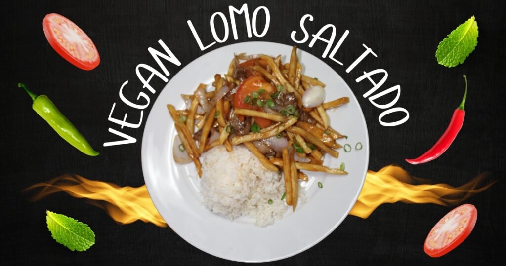 Vegan Lomo Saltado featuring seasoned fries, rice, and fresh vegetables, surrounded by colorful ingredients, emphasizing plant-based cuisine at Sunny Express Vegan in Compton.