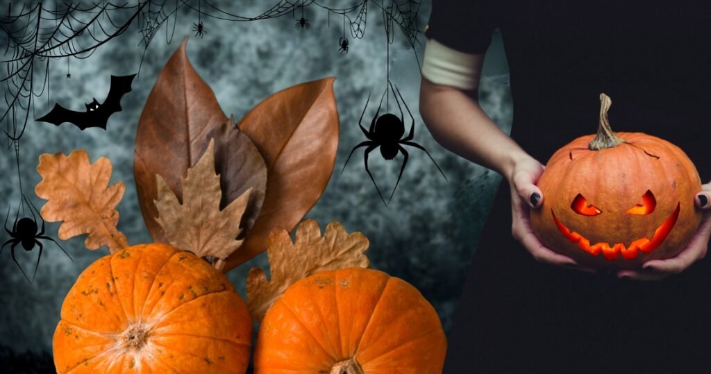 Pumpkins, autumn leaves, and spooky decorations, featuring a person holding a carved jack-o'-lantern, symbolizing a vegan-friendly Halloween celebration.