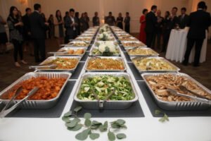 Vegan Thanksgiving catering buffet with a variety of dishes including PB orange nuggets, vegan fried rice, and salads, set up for guests in a festive dining environment.
