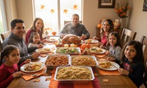 Family gathering around a table filled with vibrant vegan Mexican and Chinese dishes, celebrating Thanksgiving with joy and gratitude.